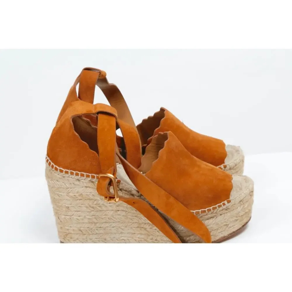 Chloe Lauren Scalloped Suede Espadrille Wedge Sandals 38 Tan Chestnut Platforms